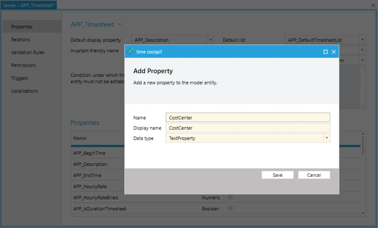 OnCockpitAdmin dialog adding a new property with name, display name and data type to the data model