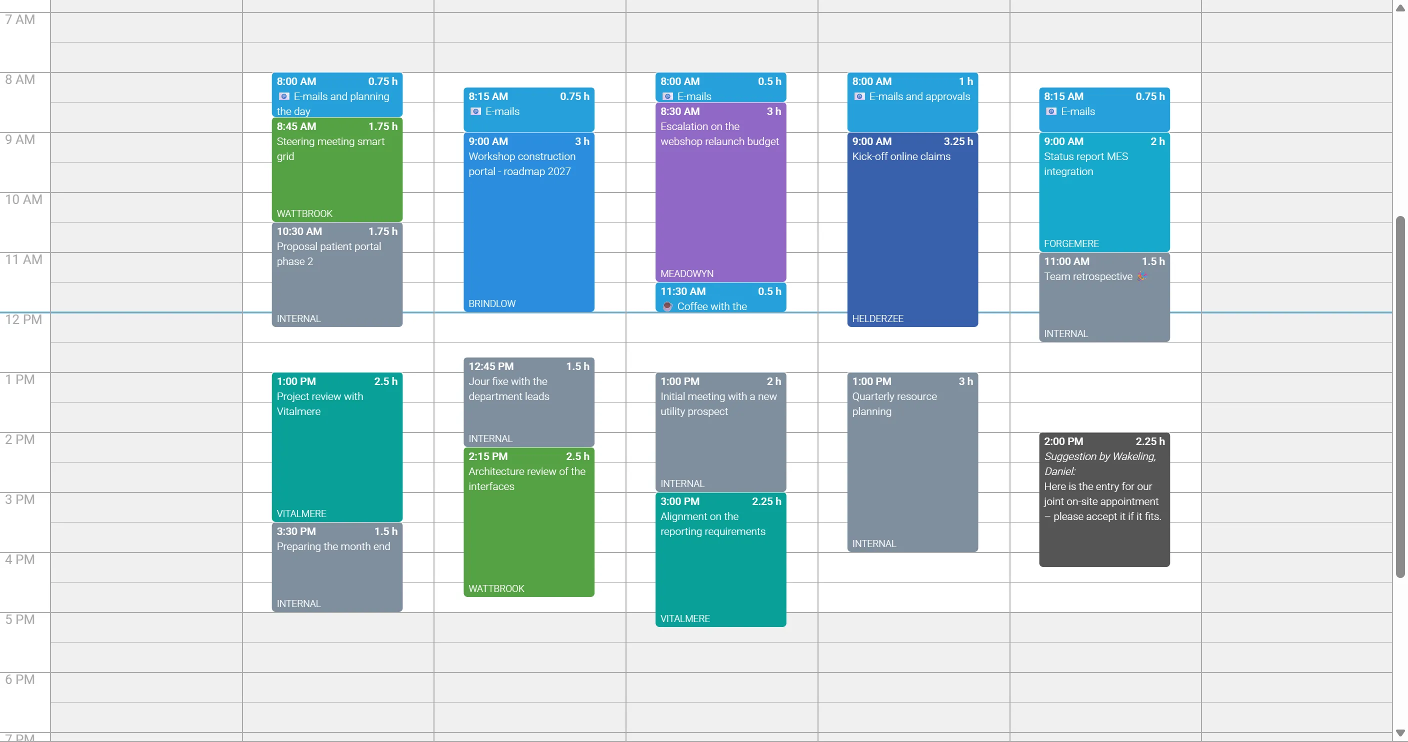 Time tracking calendar: bookings from Monday to Wednesday per client and project