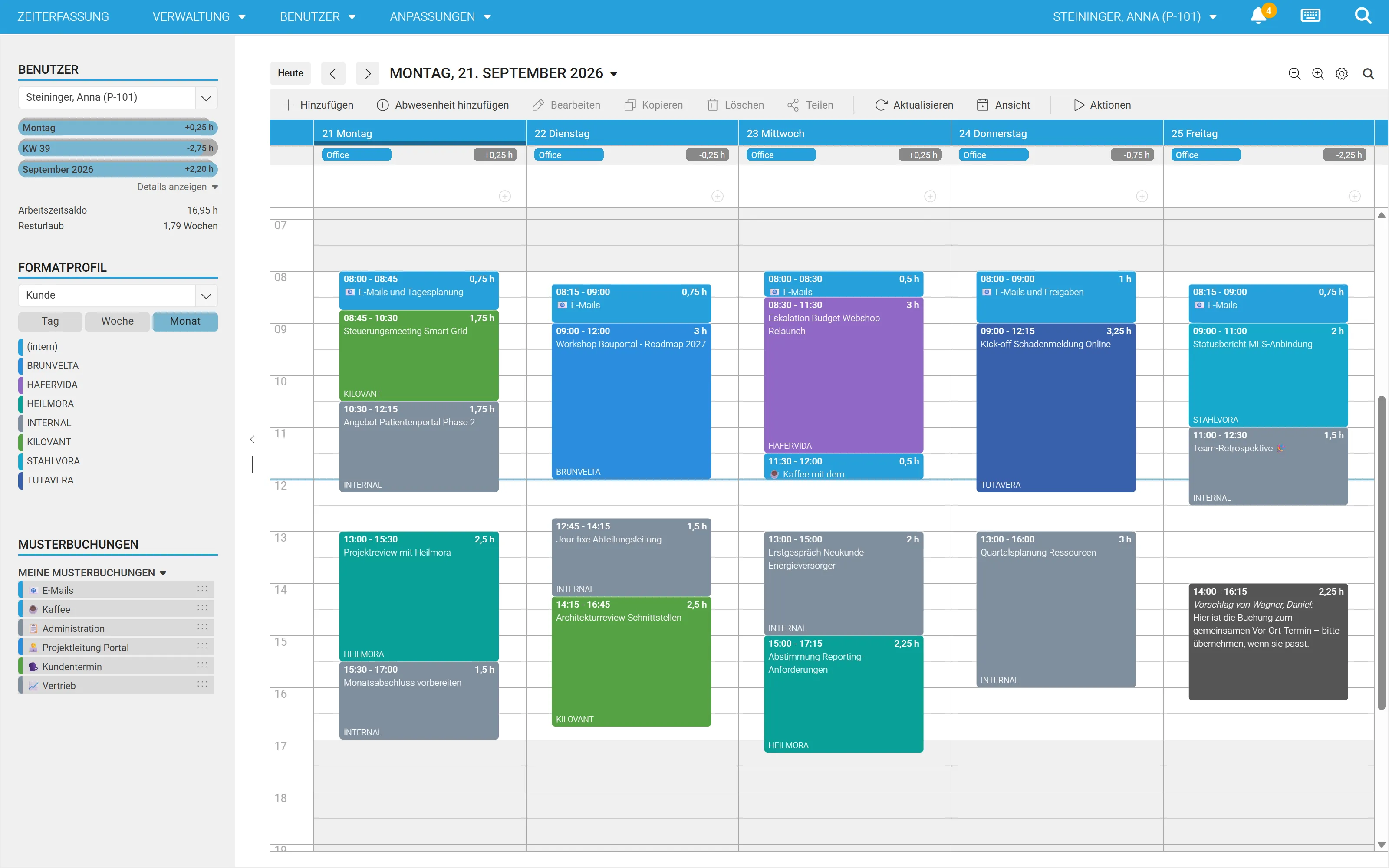 time cockpit im Browser: Zeiterfassungskalender mit Buchungen je Kunde und Projekt
