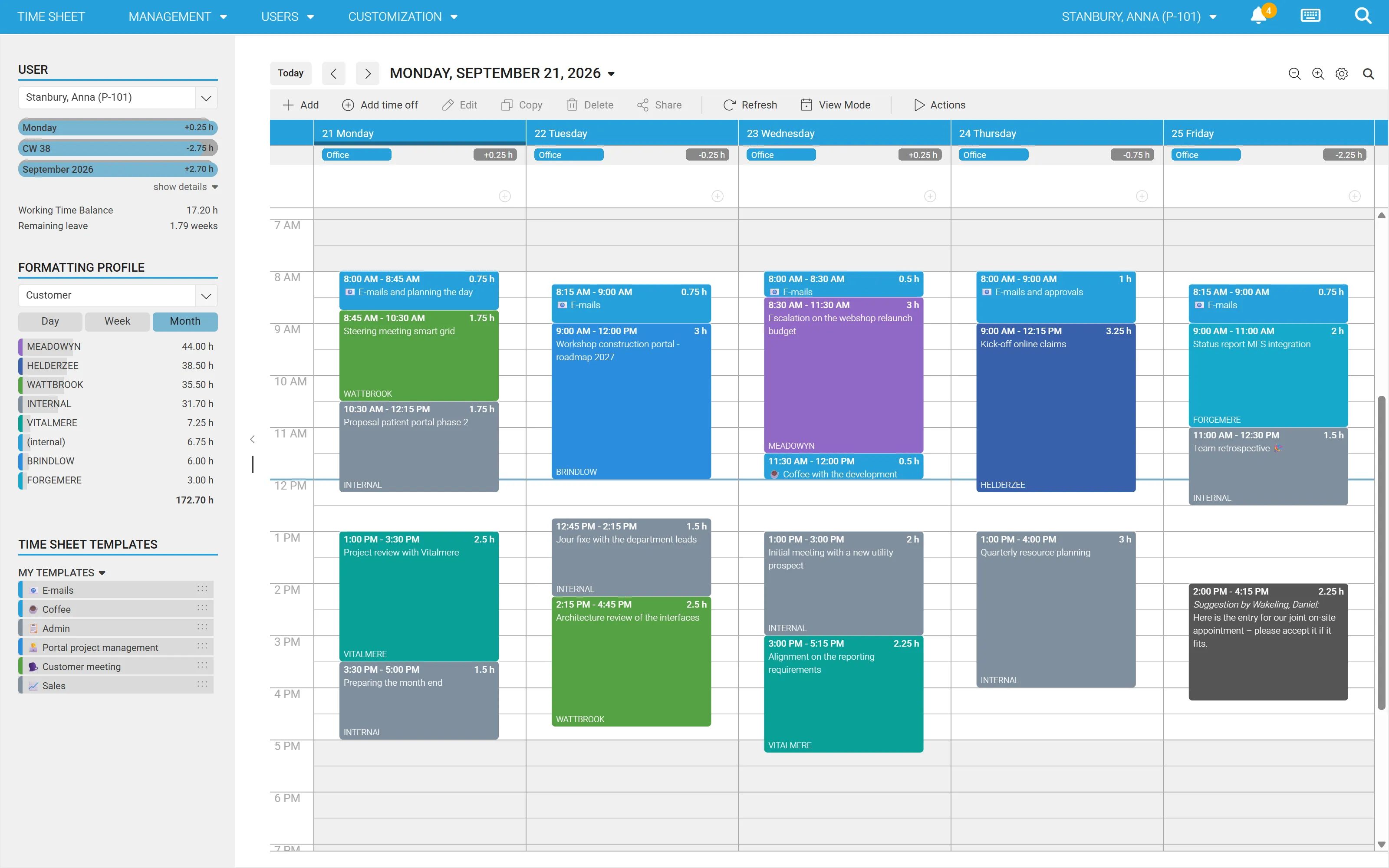 Excerpt from the time cockpit calendar: on the left the list of booking templates such as e-mails, coffee and customer meeting, next to it the afternoon time entries.