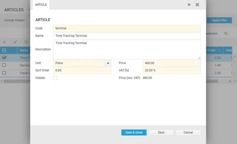 Creating a custom article: code, name, description, unit, price and VAT rate