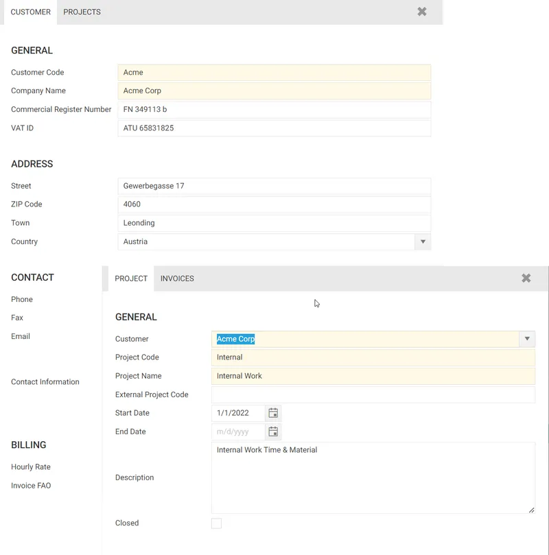 Kunden und Projekt Eingabeform