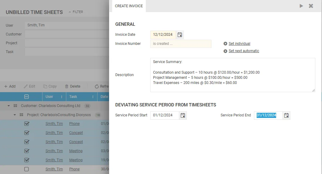 Creating an invoice from the list of unbilled time sheets: invoice date, description and service period