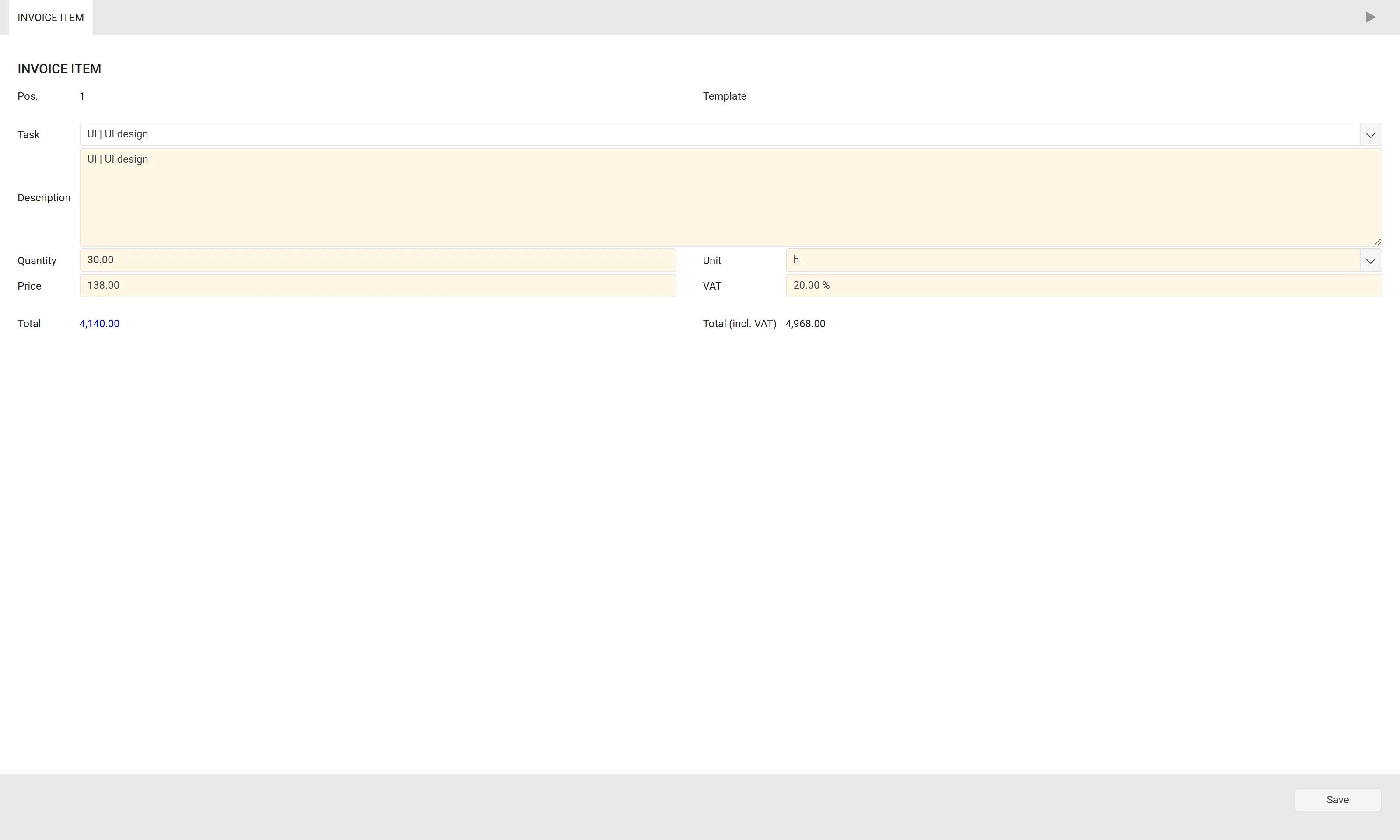 Invoice item with task, description, quantity, price and amount
