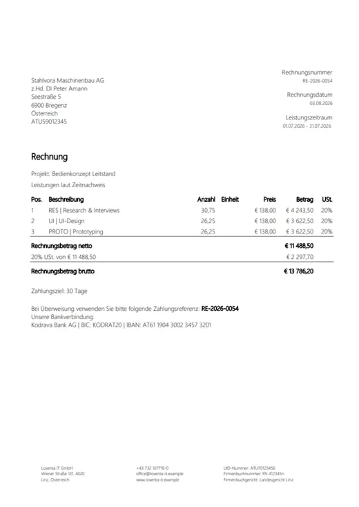 Rechnung aus time cockpit: drei Positionen laut Zeitnachweis mit Stundensatz 138 € und 20 % Umsatzsteuer