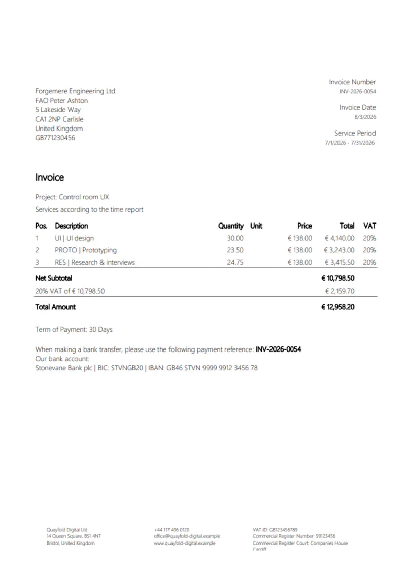 Invoice from project time: lines per task, net amount, VAT and gross amount
