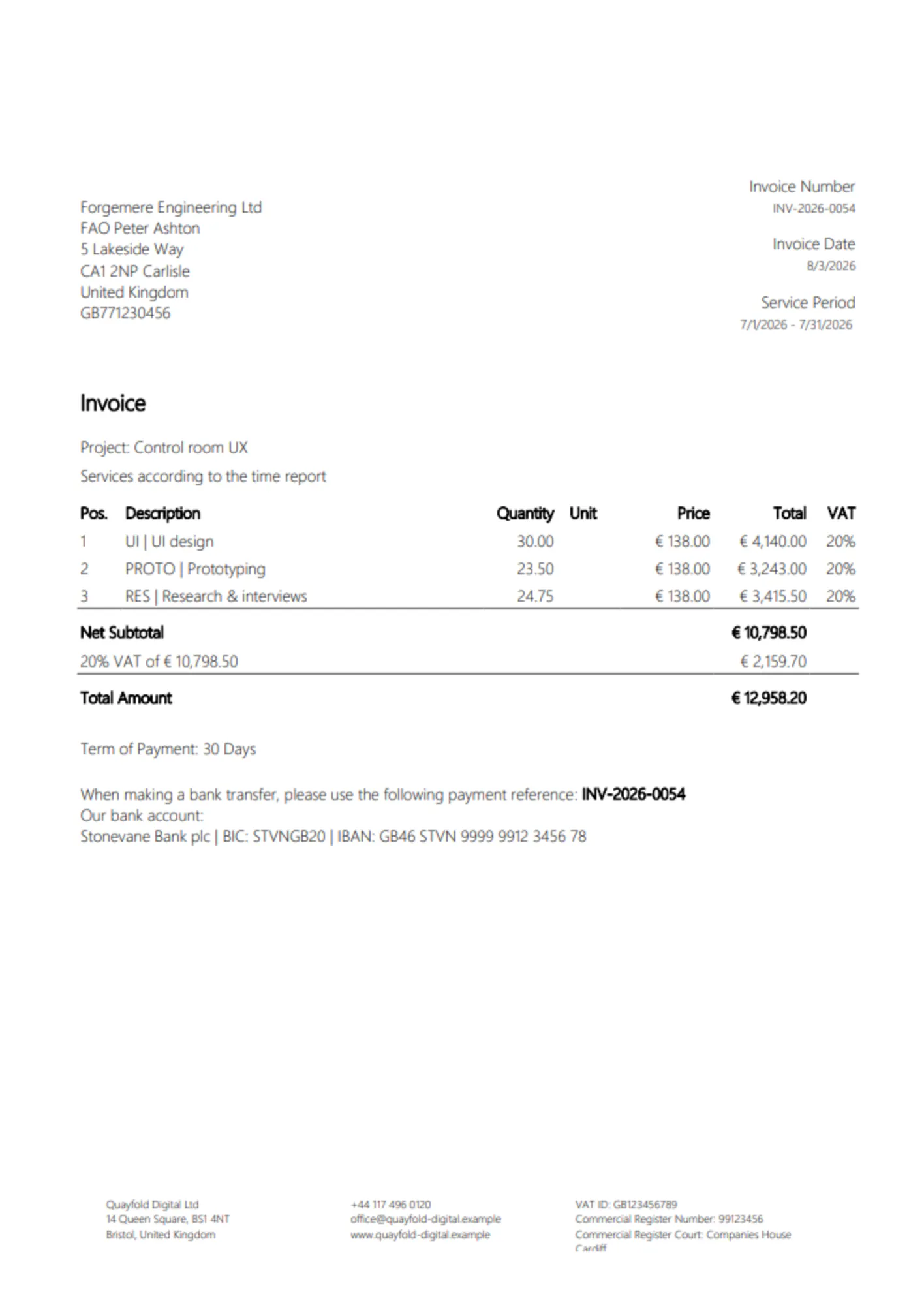Invoice generated from project time entries: one position per task, net total, VAT and gross total