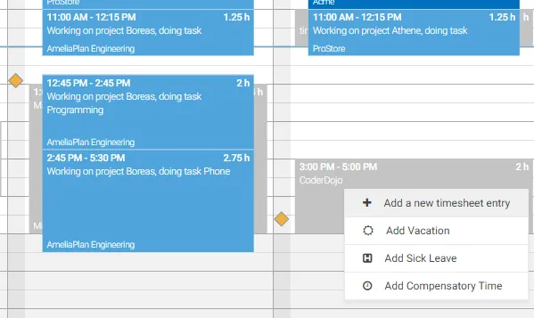 Outlook appointment as a grey block beside the time entries, with a context menu to create a time sheet entry, vacation or sick leave
