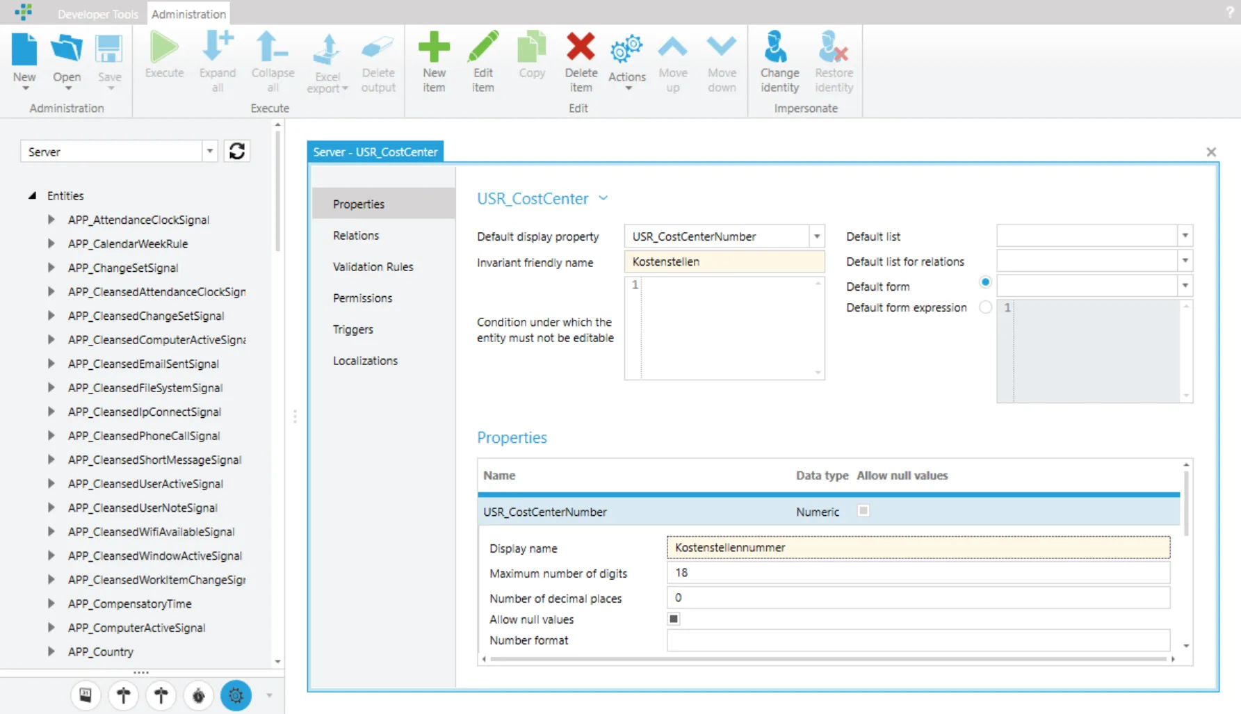 OnCockpitAdmin: custom cost center entity in the data model with properties, relations, permissions and localizations