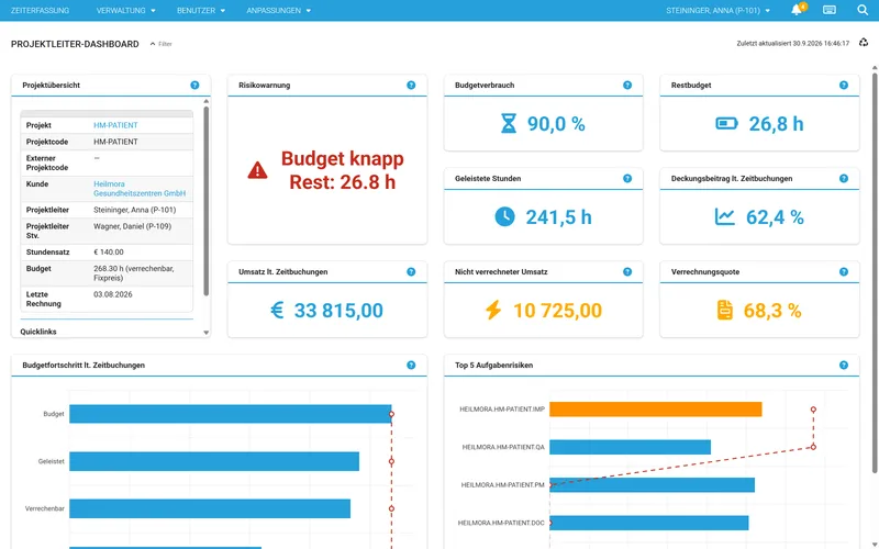 Projektleiter-Dashboard mit Budgetverbrauch, Deckungsbeitrag und Aufgabenrisiken