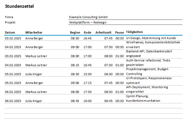 Projektzeiterfassung Muster Excel