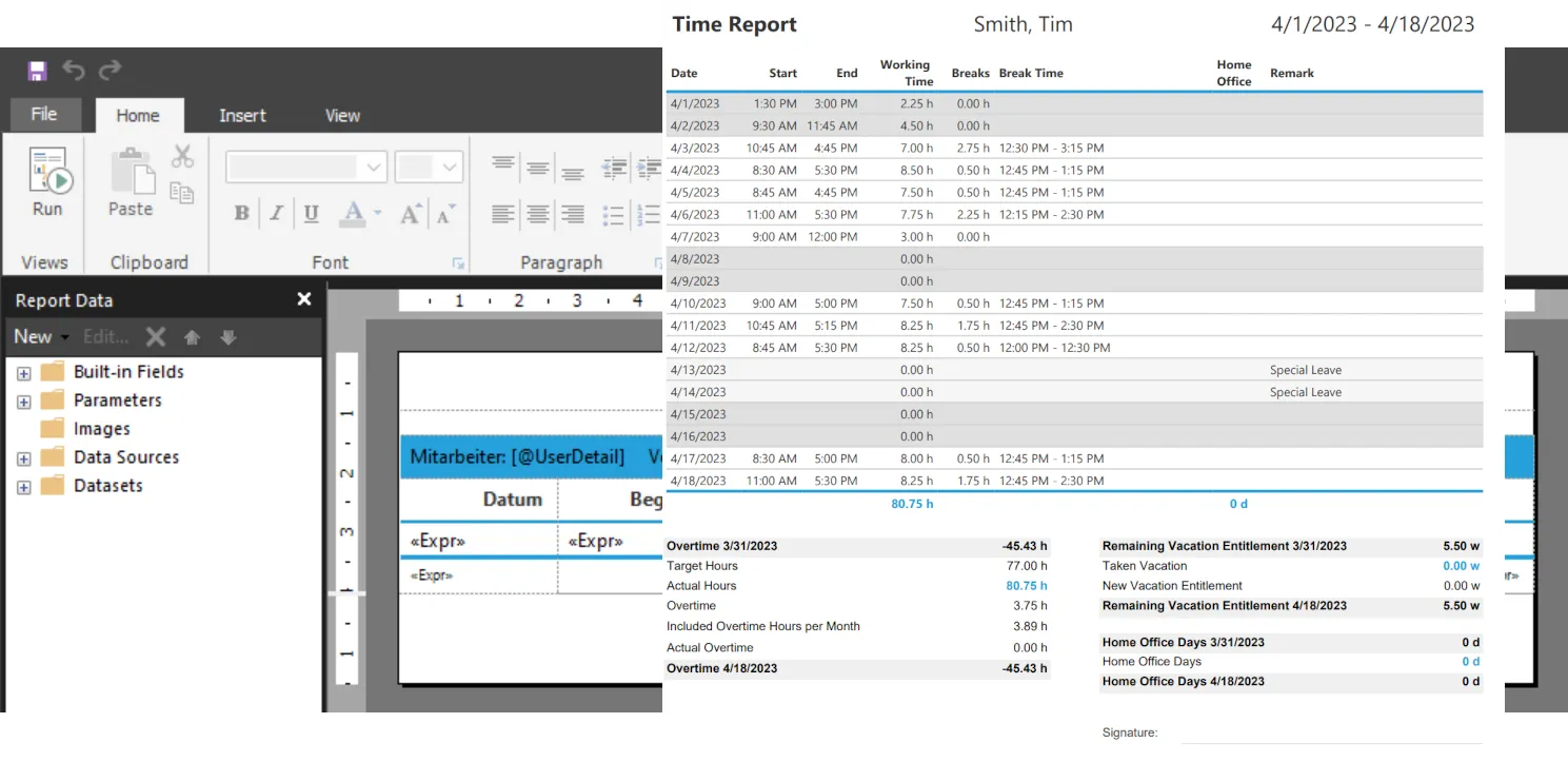 Microsoft Report Builder with a report design and the time report generated from it