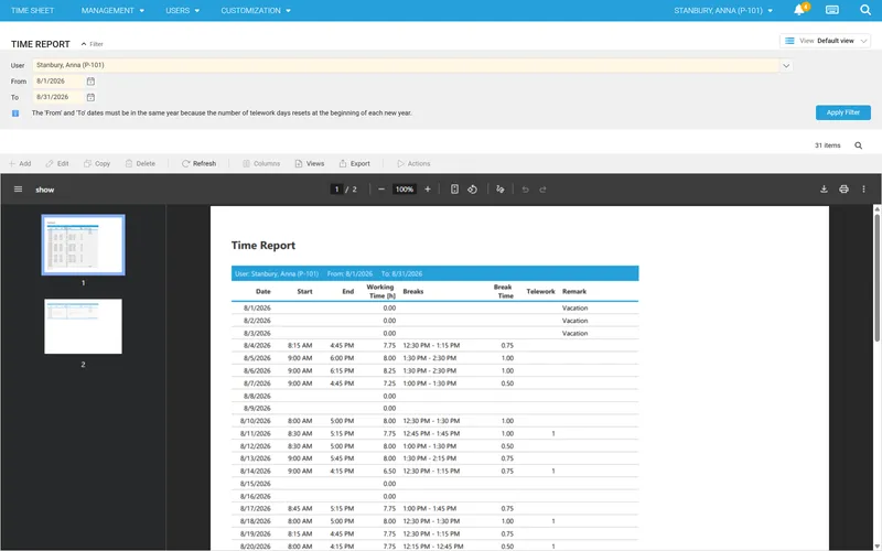 Timesheet with start, end and breaks