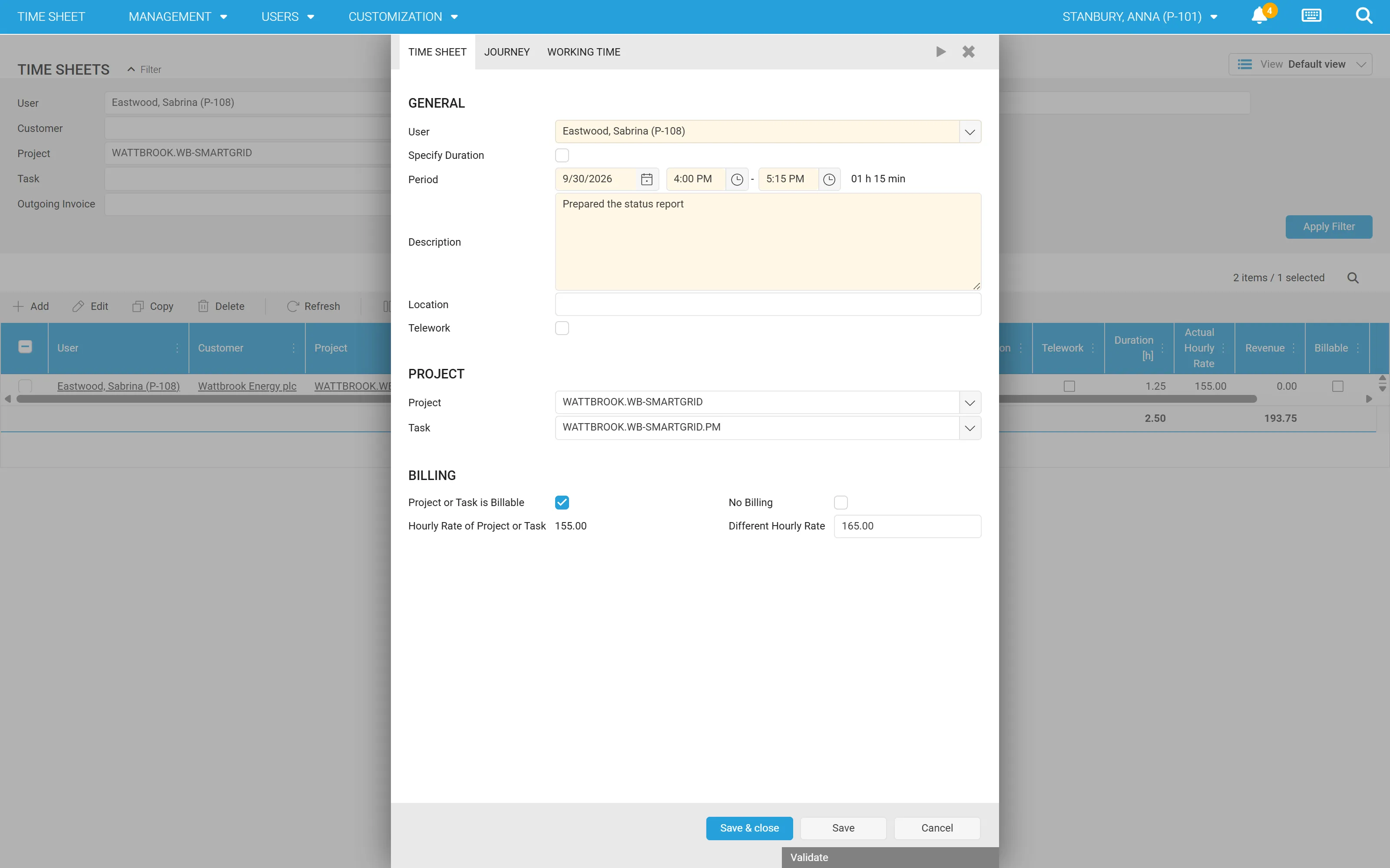 Time entry with project, task, billability and a different hourly rate